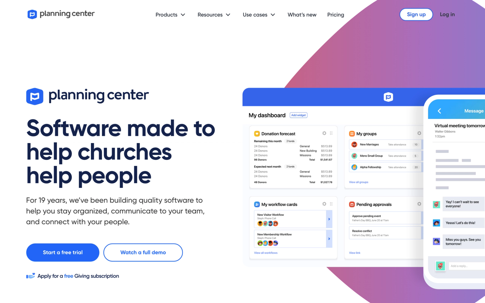 Planning Center homepage hero section