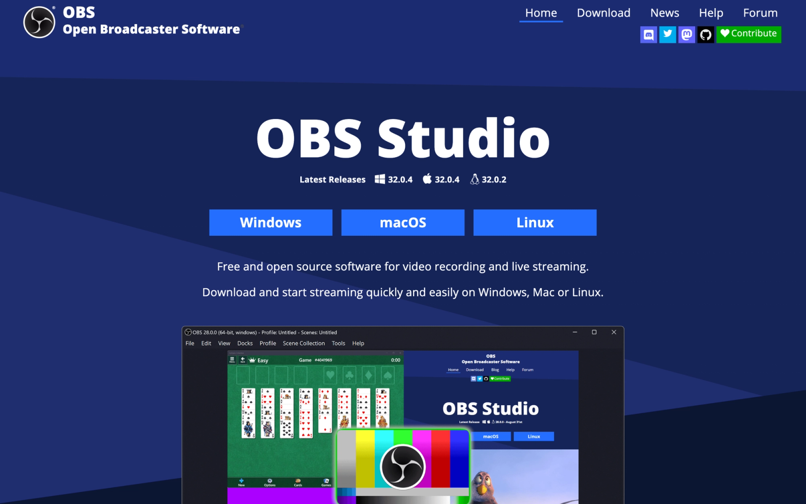 OBS Studio homepage hero section