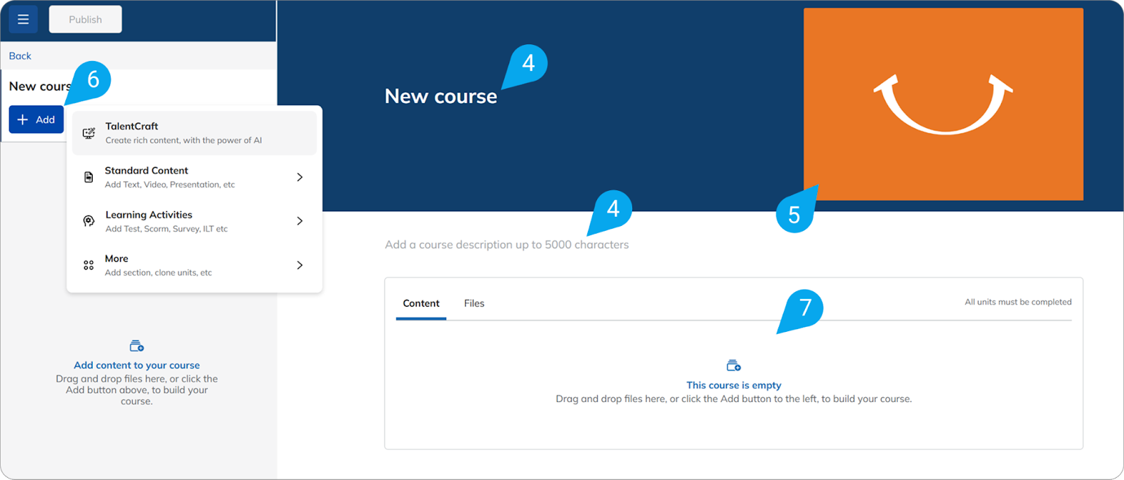 TalentLMS course builder mixing videos, quizzes, and SCORM files
