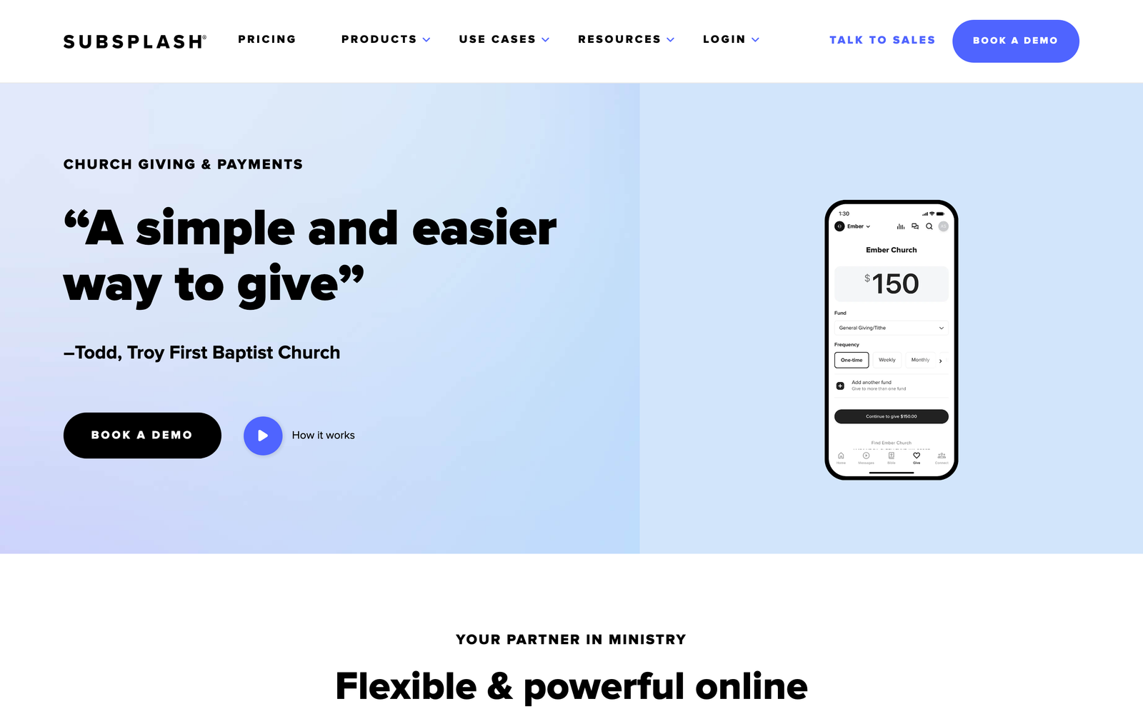 Subsplash Giving homepage hero section