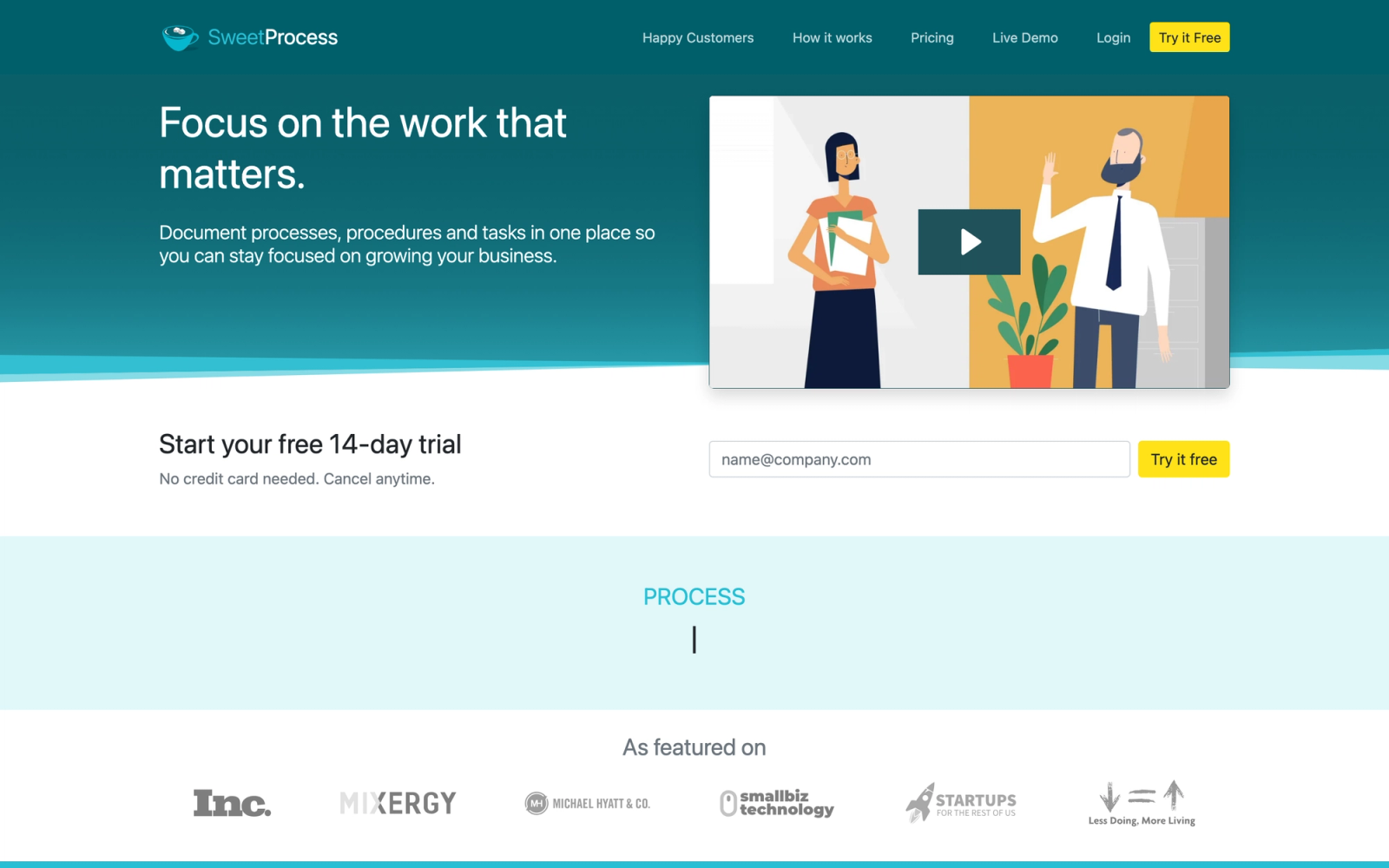 SweetProcess homepage hero section