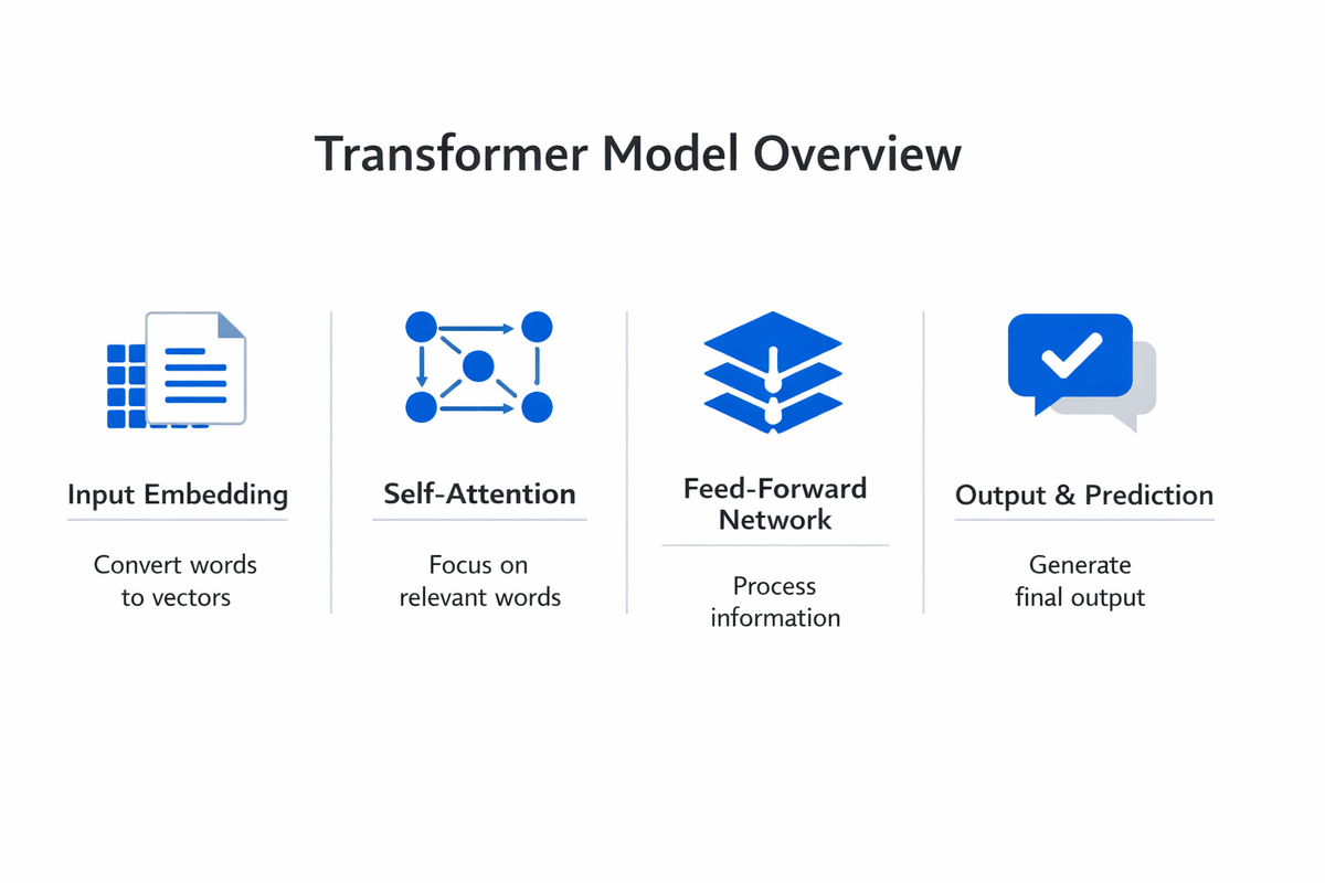 Infographic showing the key components and process of transformer model