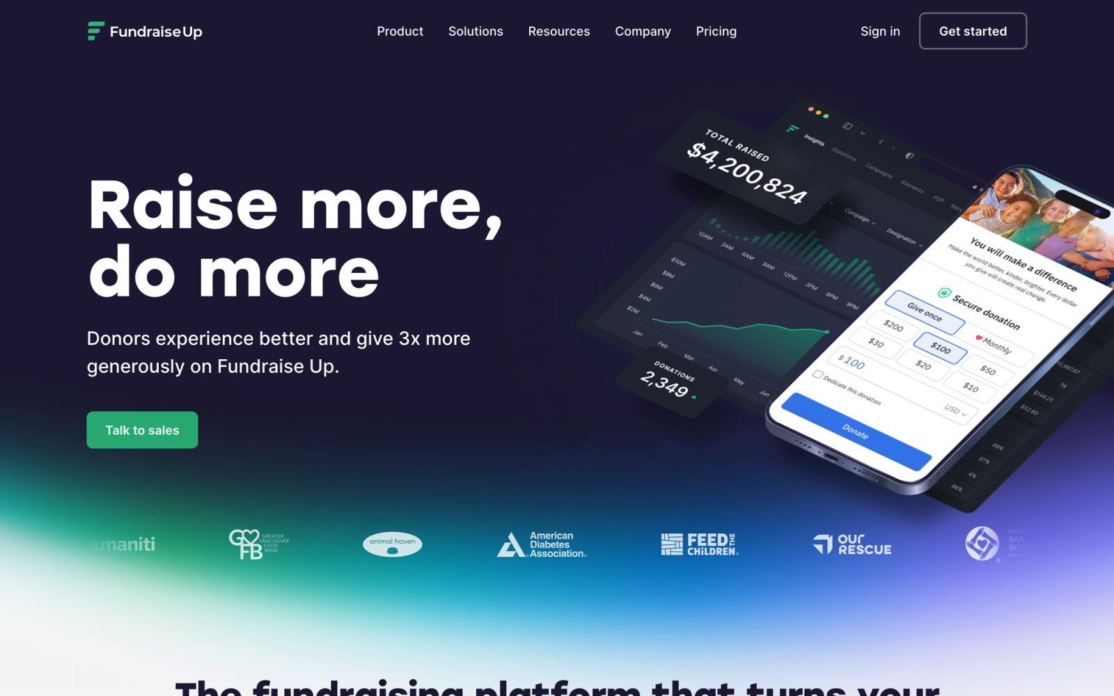 Fundraise Up homepage hero section