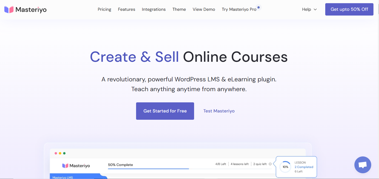 Homepage of LMS WordPress plugin showing the process of developing and marketing online courses