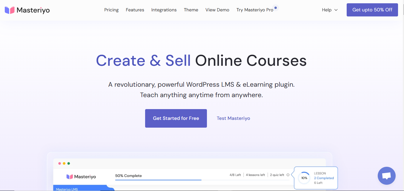 Homepage of LMS WordPress plugin showing the process of developing and marketing online courses