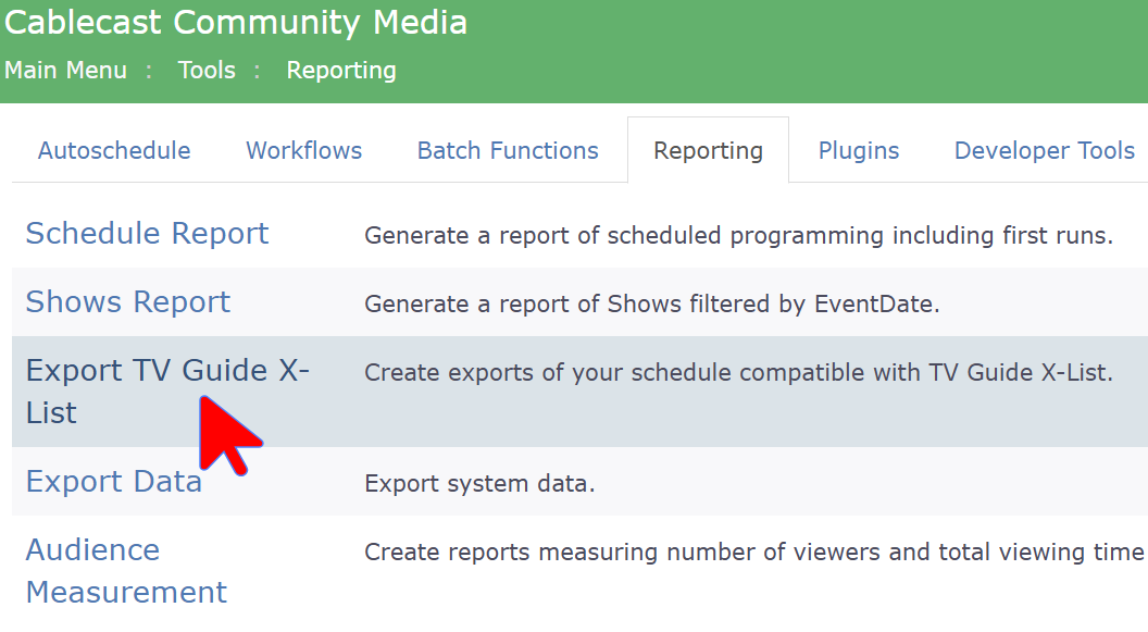 Click on Export TV Guide X-List within Reporting