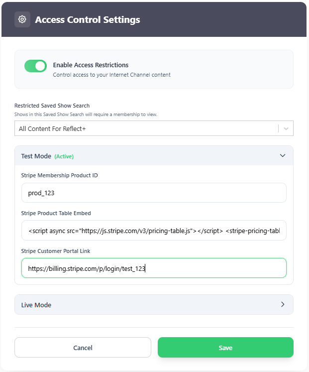 Restricted Access Control Settings Screen
