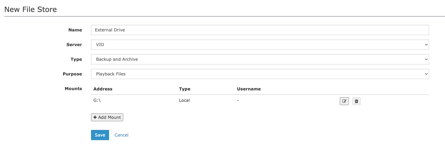 Screenshot of the Cablecast ‘New File Store’ setup page showing an external drive configured as a File Store, with fields for name, server, type set to Backup and Archive, purpose set to Playback Files, and a local G: drive added as a mount.
