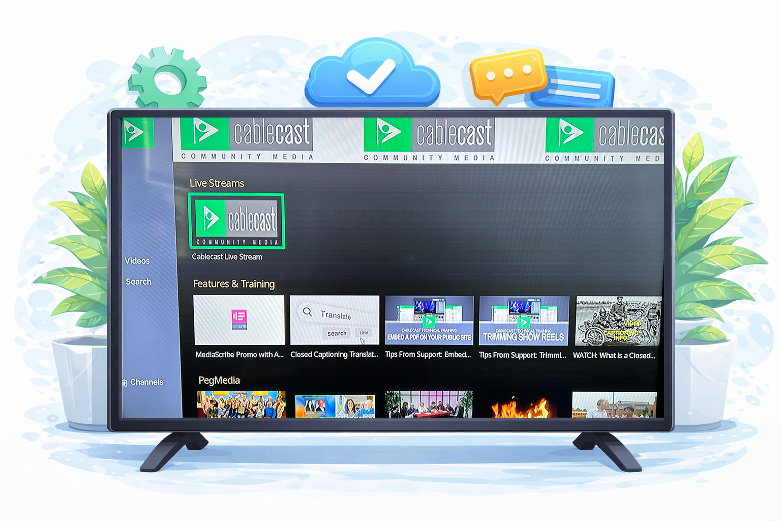 Illustration of a television displaying the Cablecast OTT app interface, showing a live stream tile and content rows for videos and training, representing configuration and management of a Cablecast OTT App Channel.