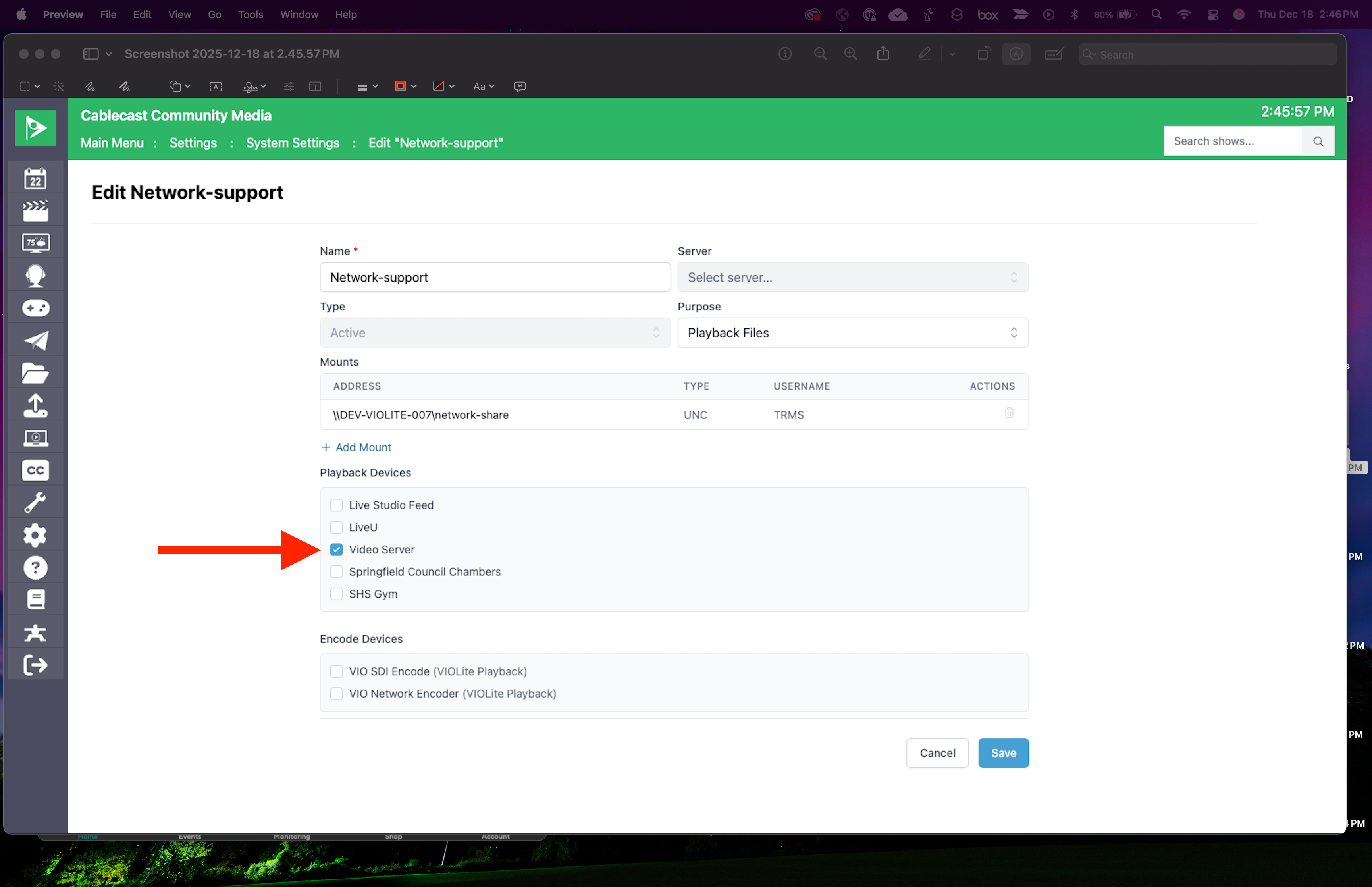 Cablecast file store settings page showing a network share mount with the Video Server playback device selected.