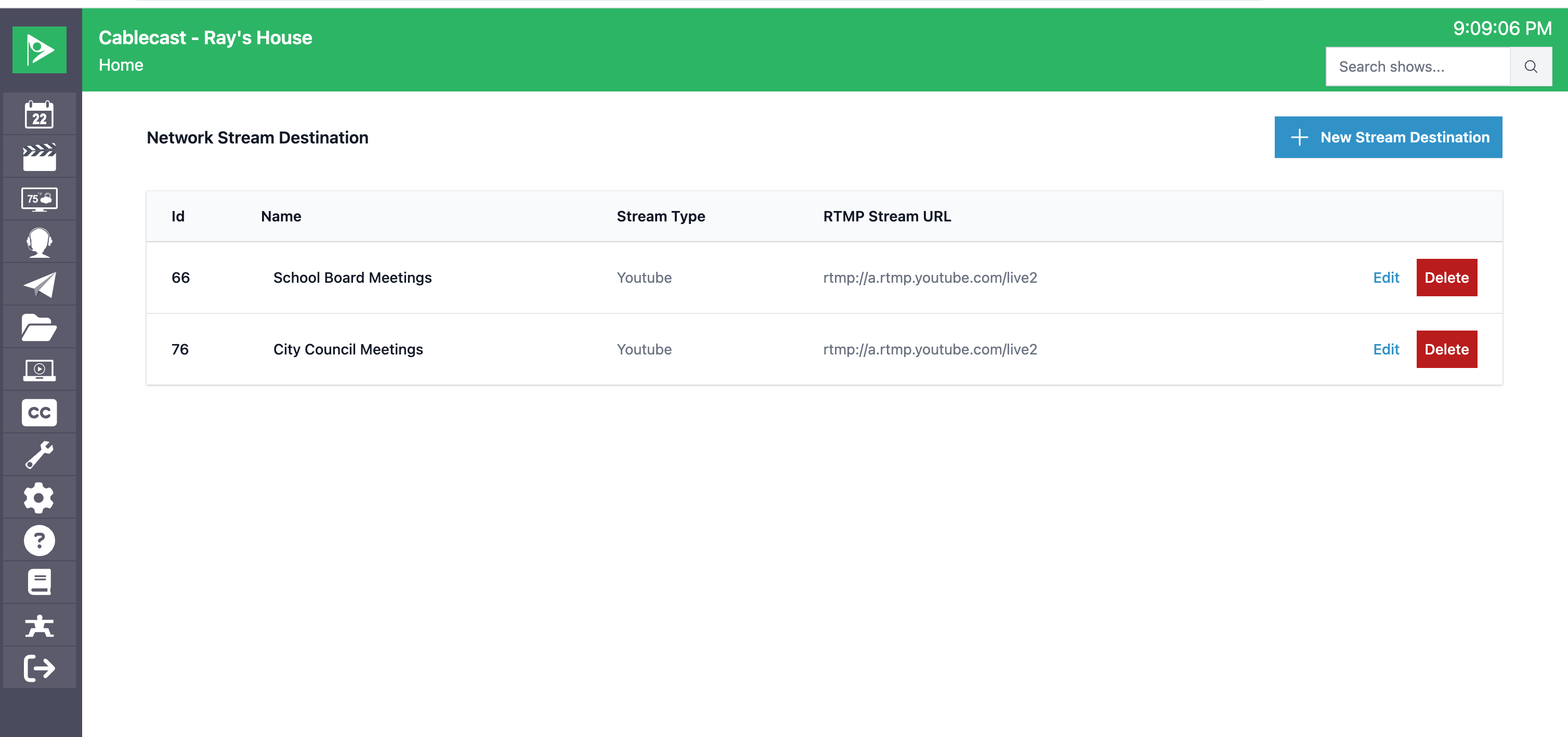 Network Stream Destinations settings page.