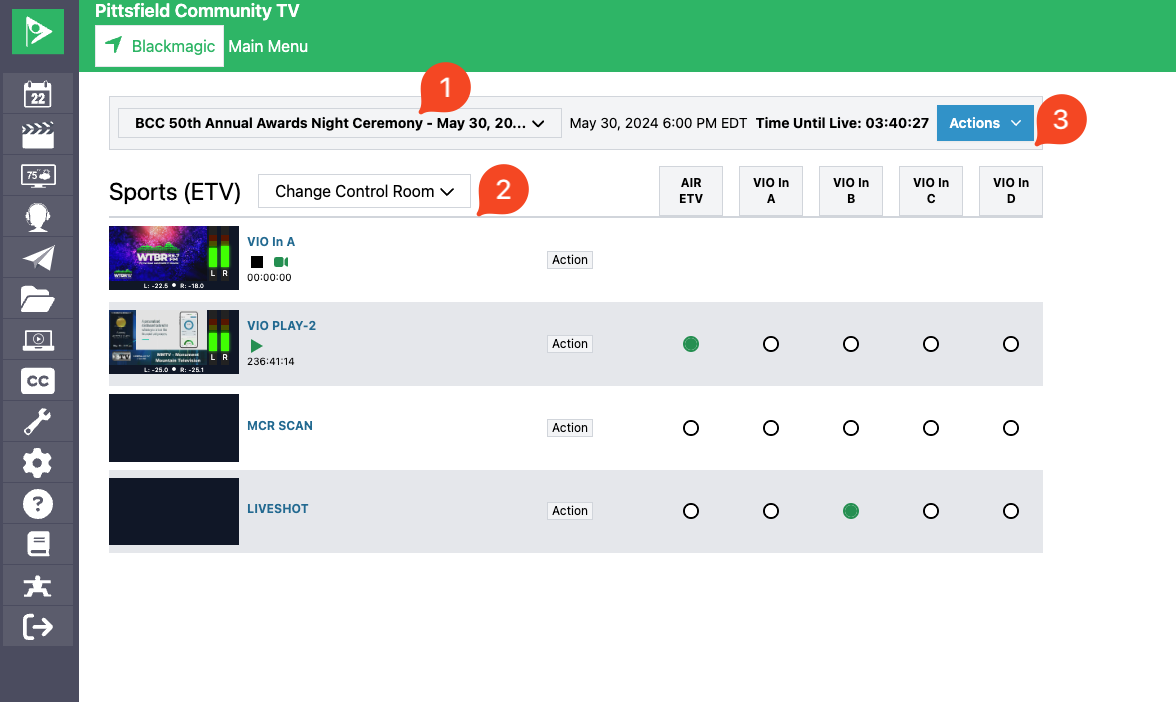 Screenshot of Control Room with annotations.