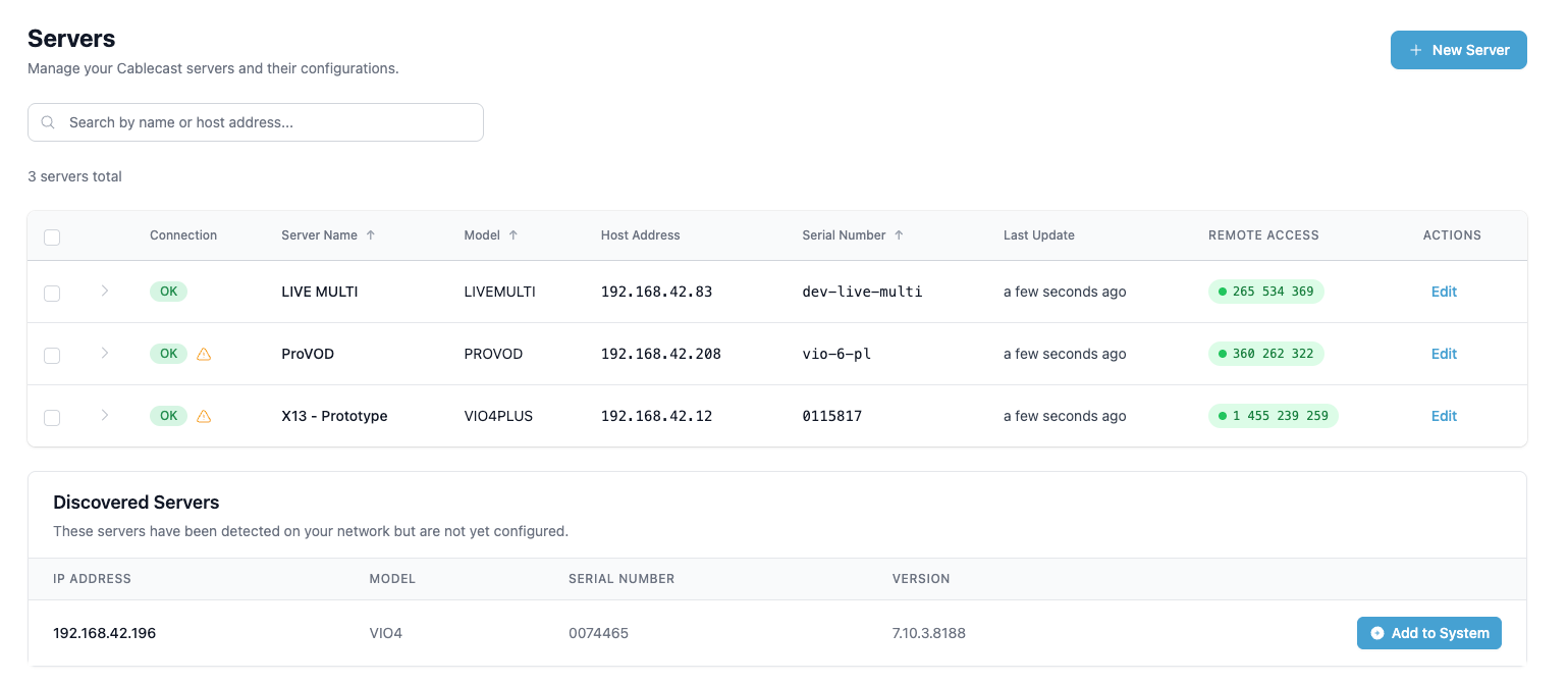 Cablecast Servers page showing three configured servers and one discovered video server available to add.