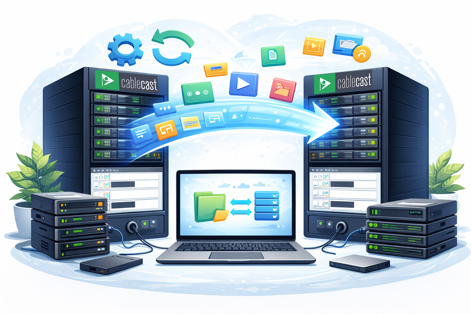 Illustration of two server racks connected by a flowing arrow with media and file icons, showing data being transferred between servers.