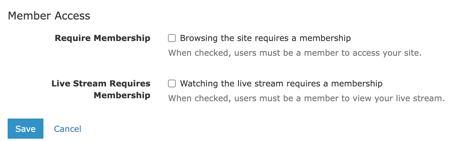 Internet Channel Member Access Settings