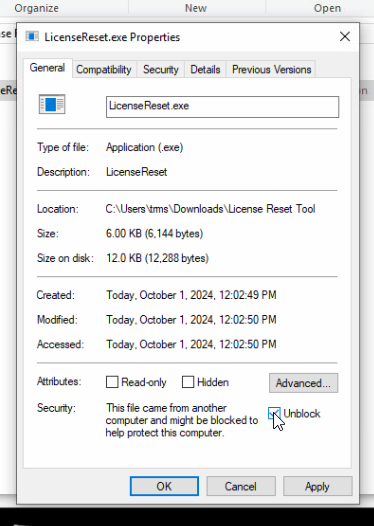 Unblocking the License Reset Tool exe file