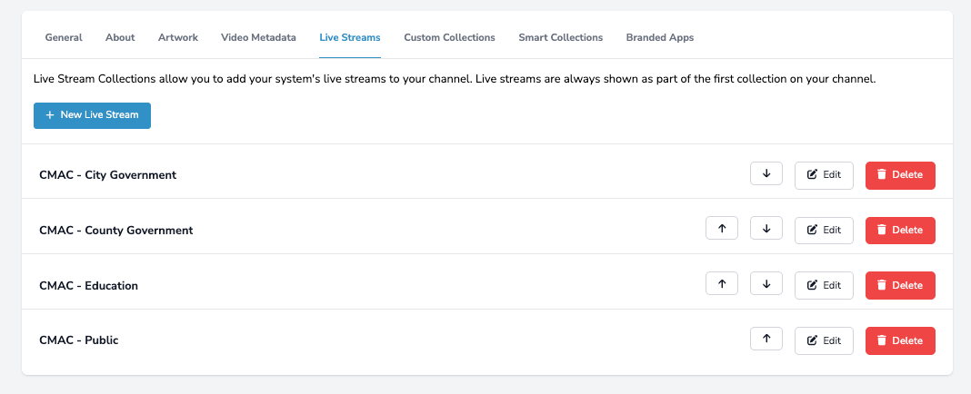 Live Streams tab showing a list of live stream collections with options to add, reorder, edit, or delete streams.