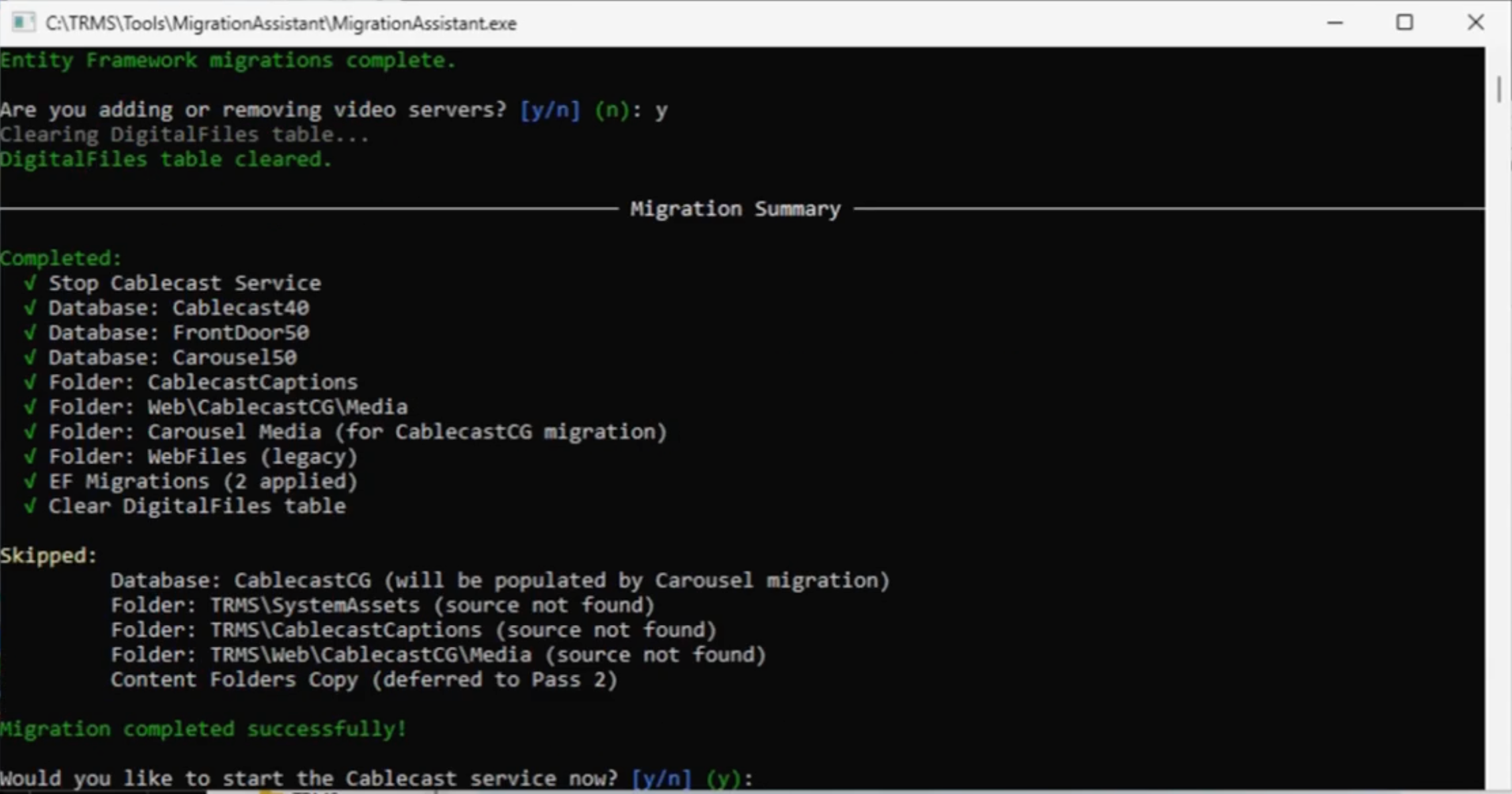Migration Assistant command window showing a successful migration summary and completion message.