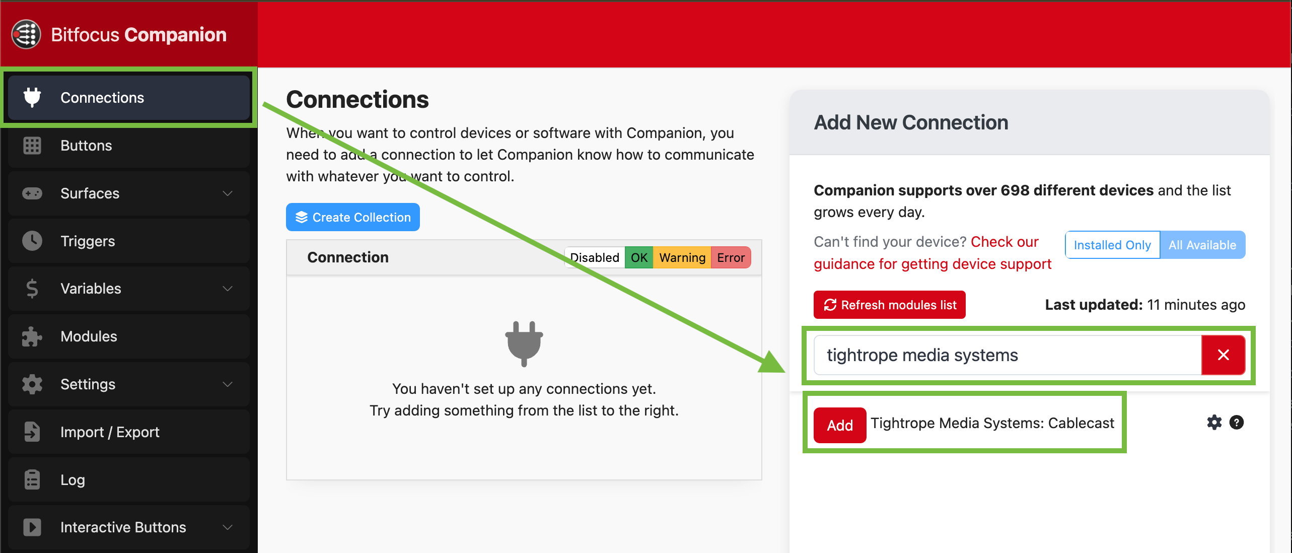 BitFocus Add Connections Screen