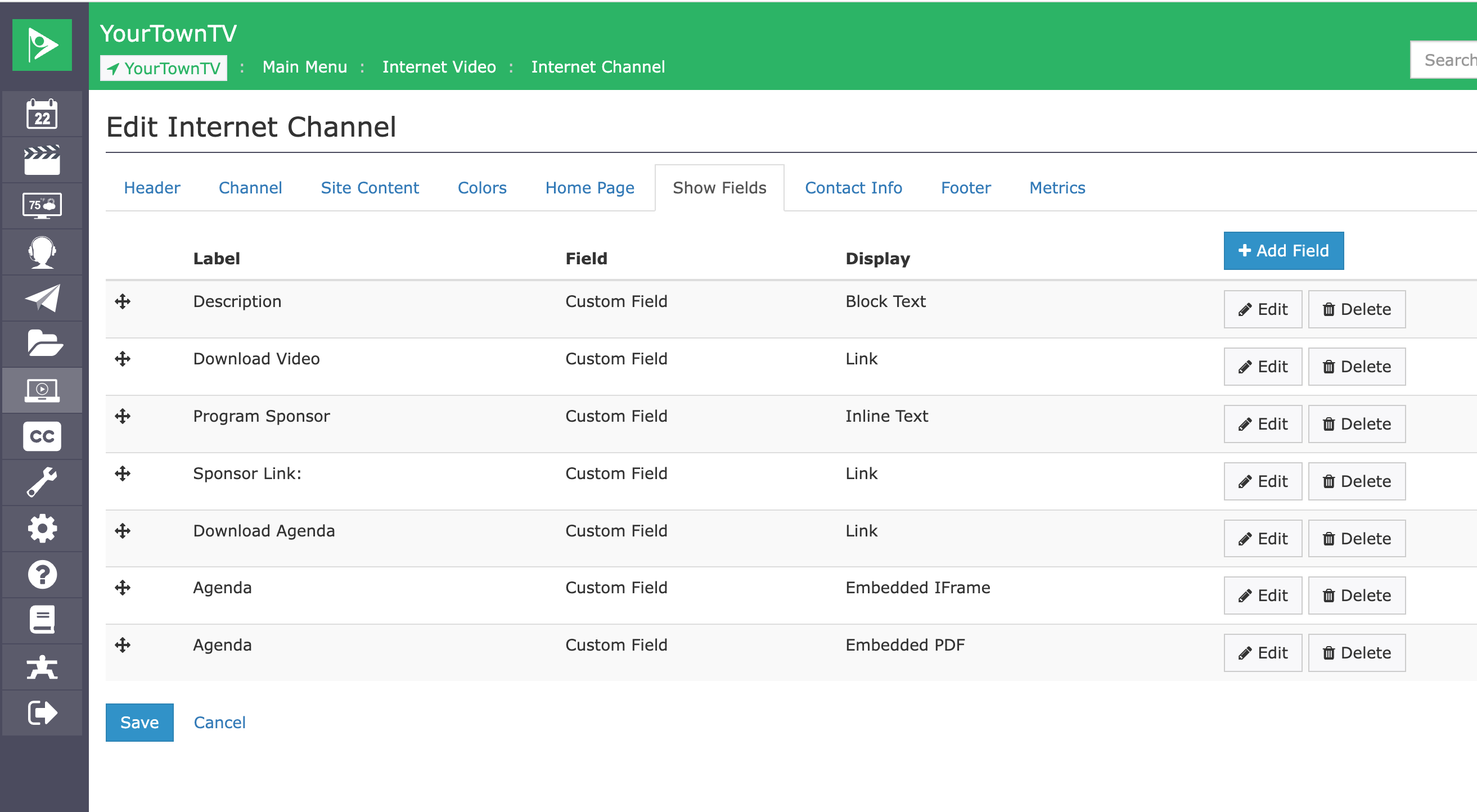 Screenshot of yourtown.cablecast.tv's Internet Channel Show Fields.