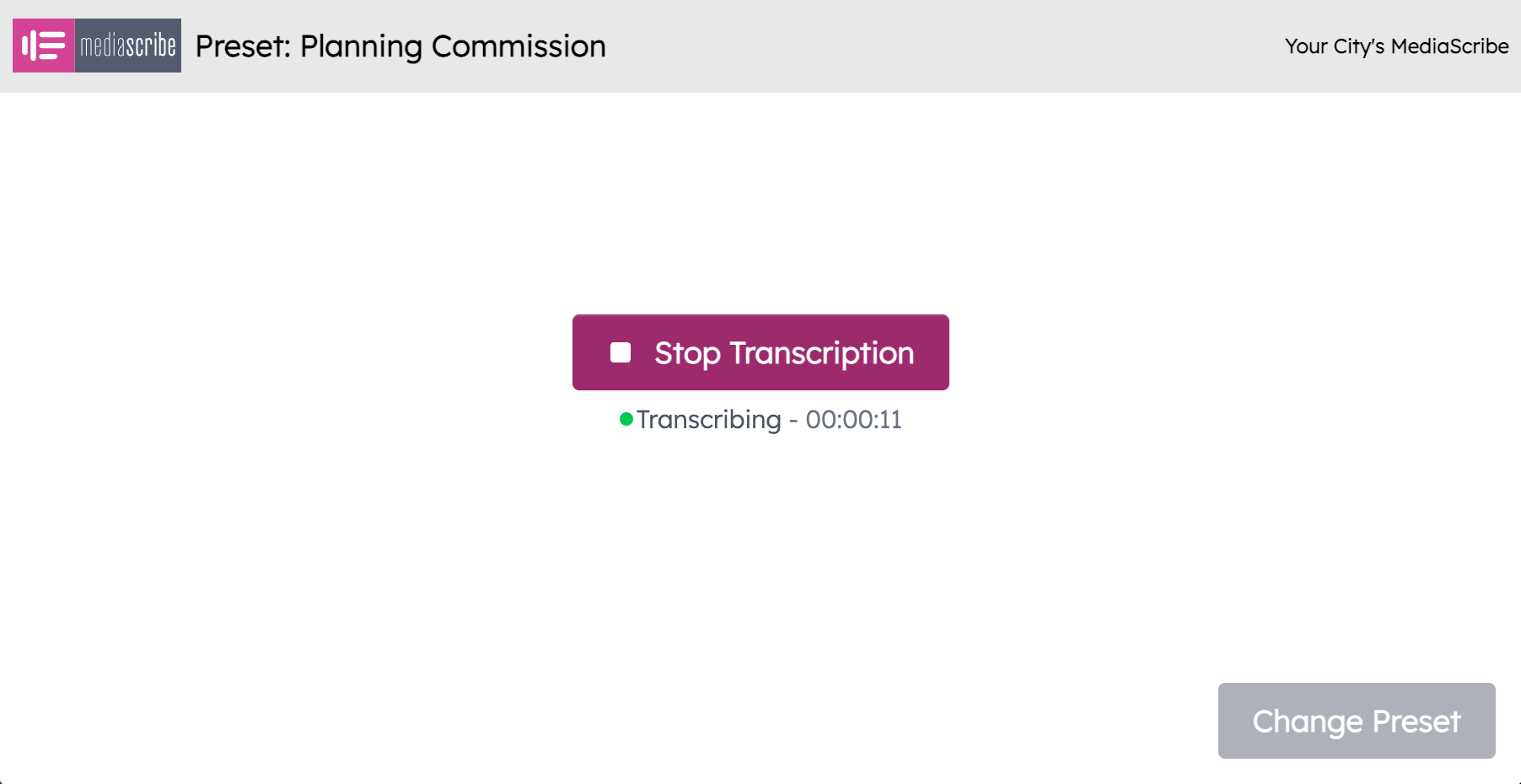 MediaScribe Clerk interface showing an active transcription session with a Stop Transcription button and elapsed time.