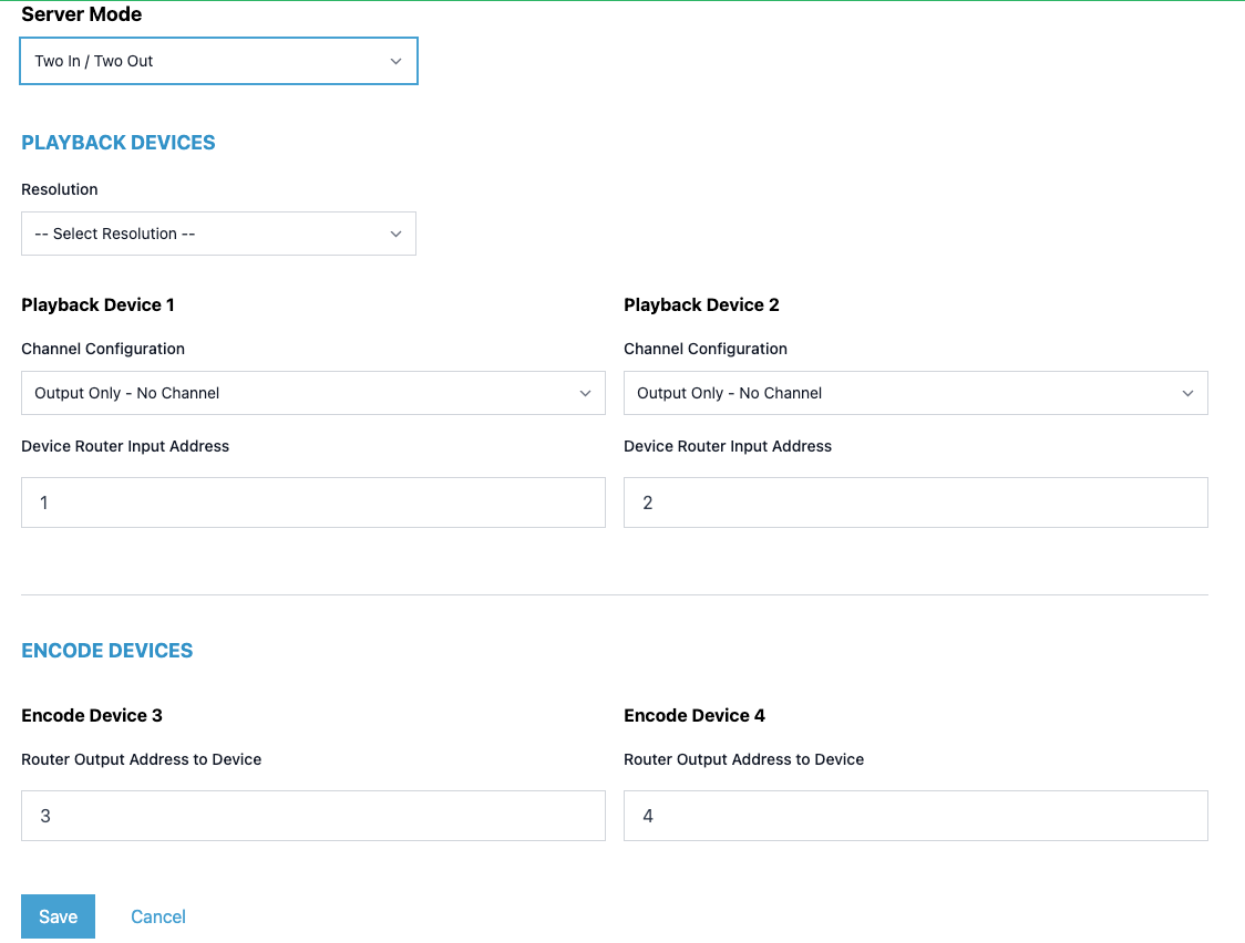 Cablecast server configuration page showing playback and encode device settings with router input and output fields.
