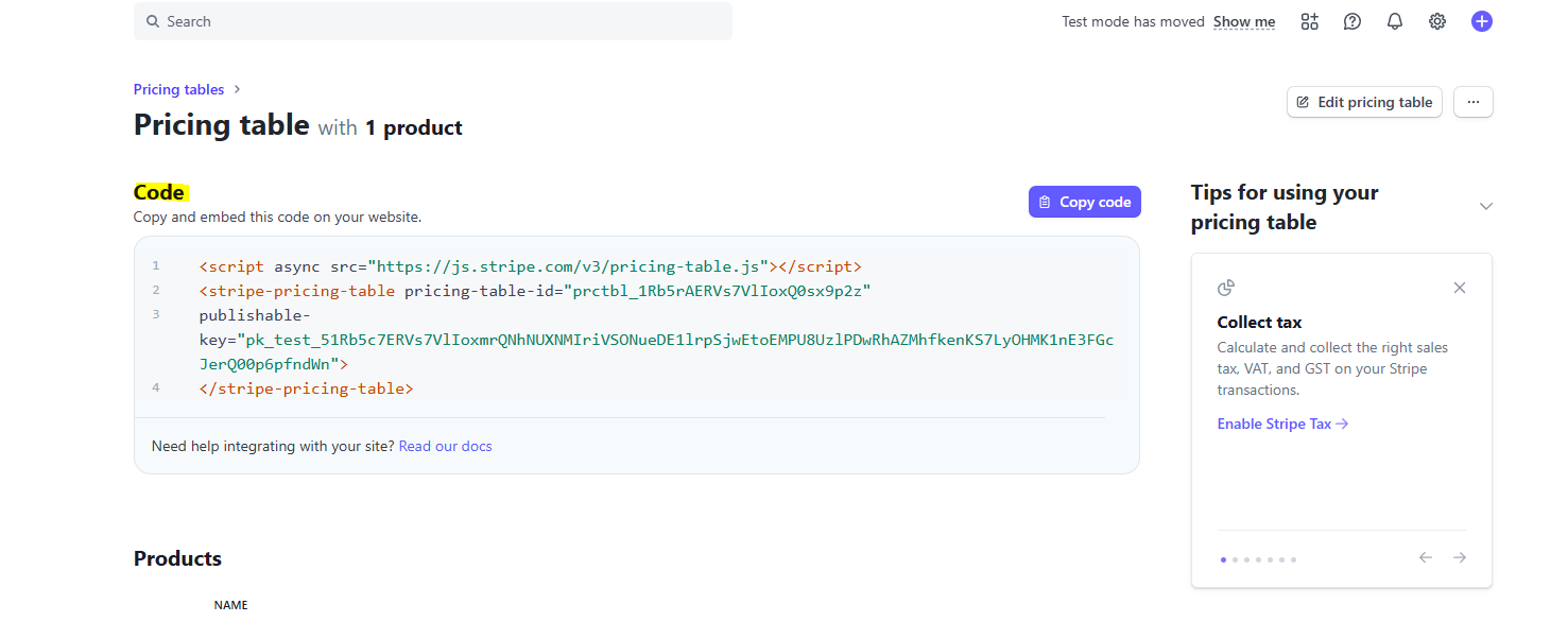 Stripe Product Table Embed