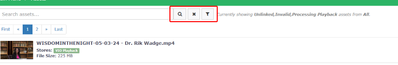 Three icons next to the Assets search bar: a magnifying glass icon to run a search, an X icon to clear search and reset filters, and a funnel icon to open the filter panel