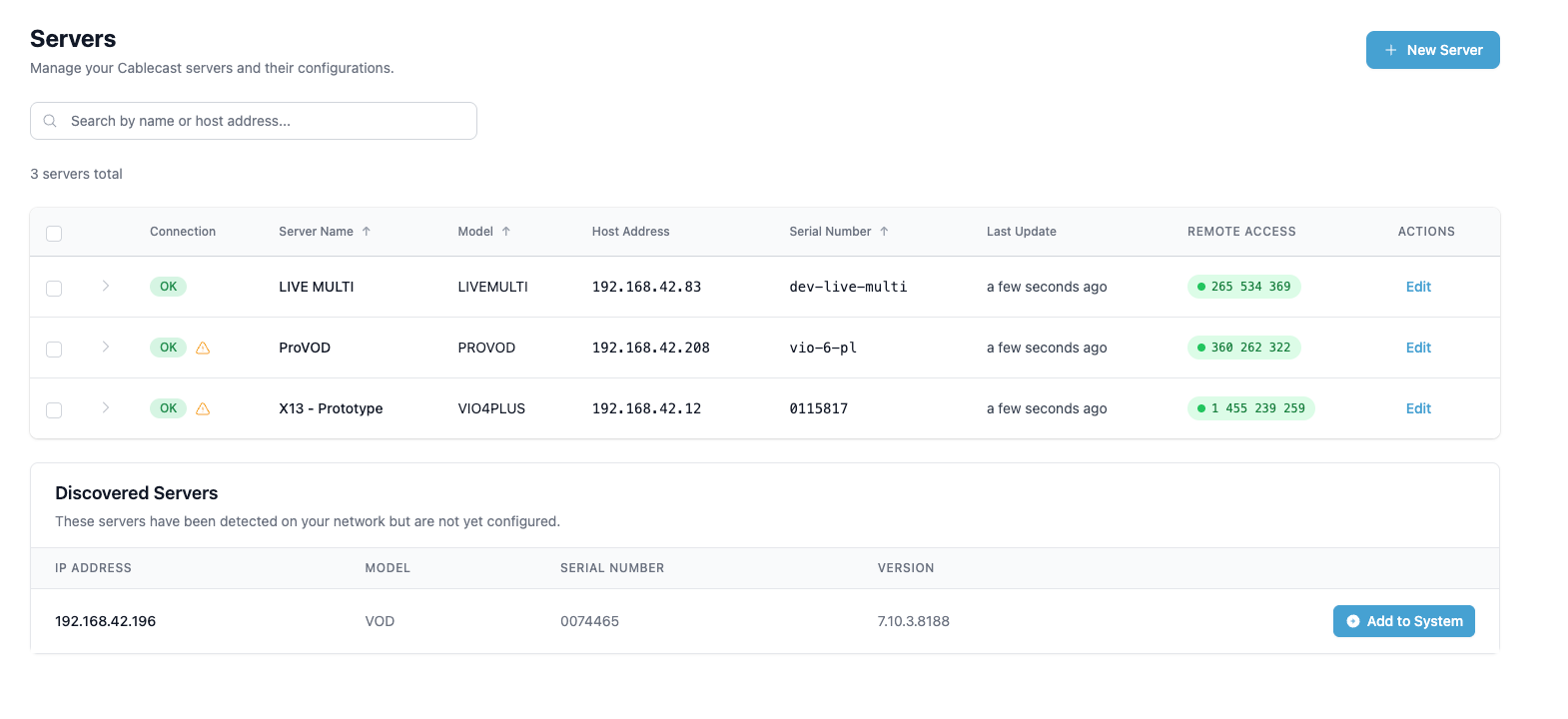 Cablecast Servers page showing a list of configured and discovered servers with connection status and details.