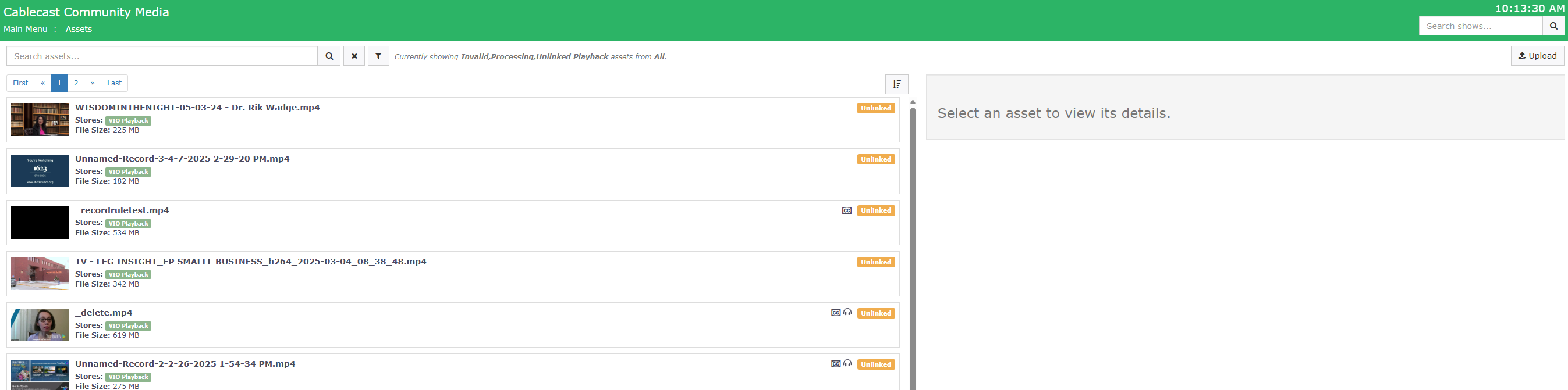 The Cablecast Assets page, showing a list of video files in the left column with colored store indicators and file names, and a File Details pane open on the right