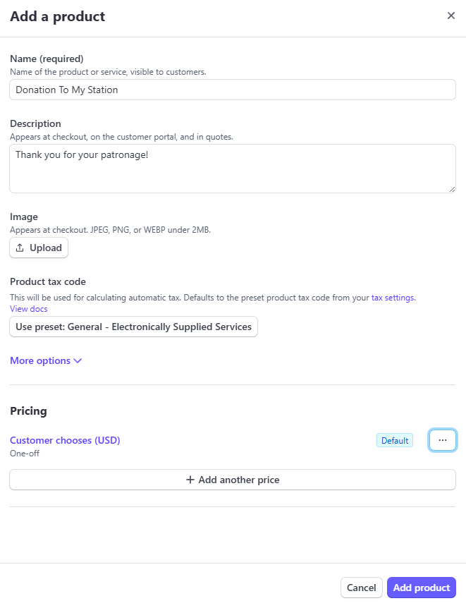 Stripe Donation Product Form with Price Attached