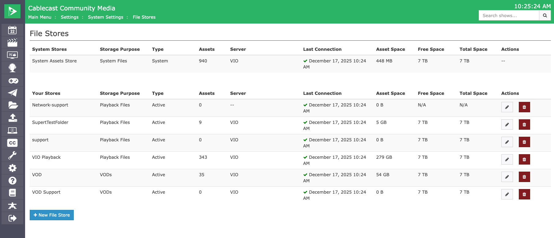 Screenshot of the Cablecast File Stores settings page showing a list of system and user file stores with storage purpose, server, asset counts, and available space, illustrating how file stores are created and managed in Cablecast.