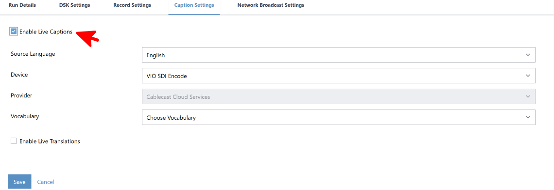 Enabling Live Captions through Edit Button in Cablecast 7.8 and newer