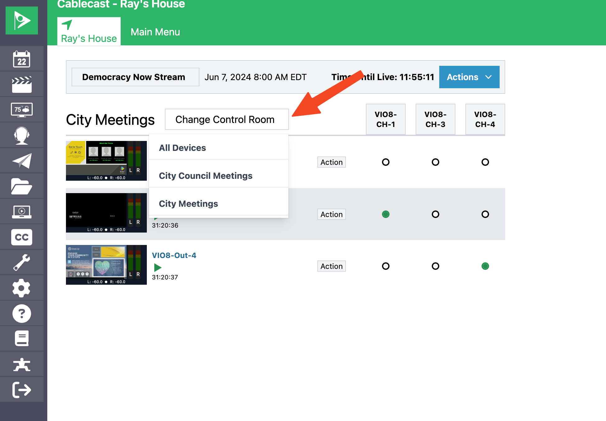 Switching Control Rooms by clicking the Control Room Selector.