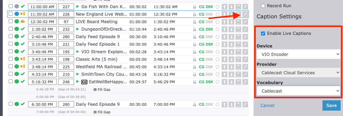 Enabling Live Captions through Edit Button in Cablecast 7.7 and older