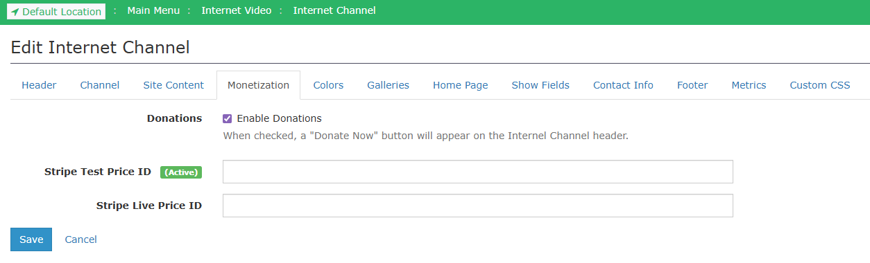 Internet Channel Donation Link Settings