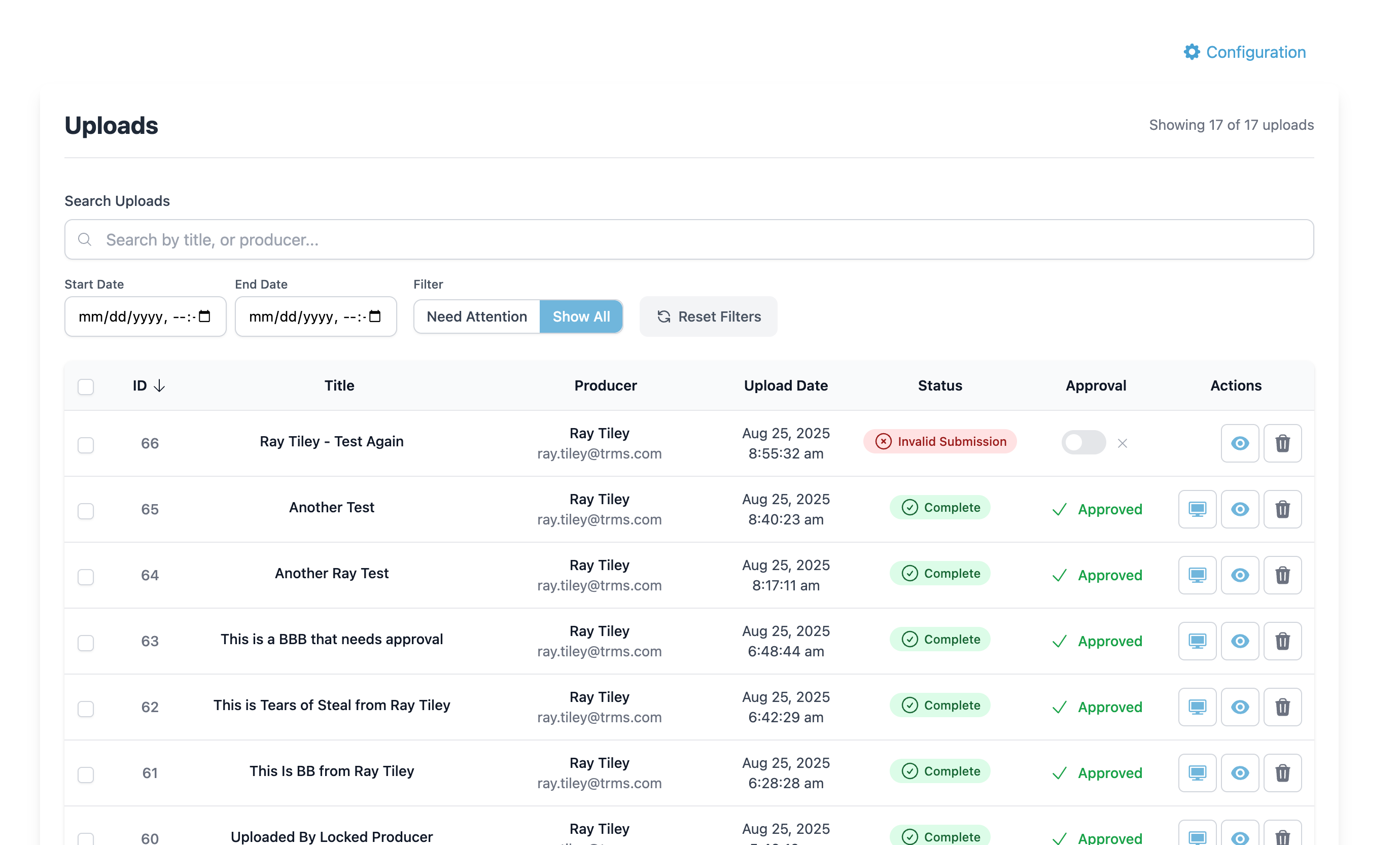 Uploads Overview Page