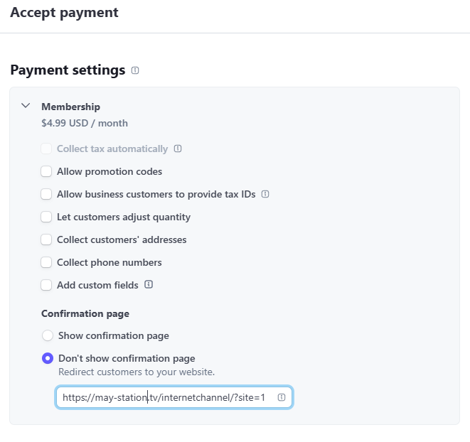 Stripe Product Table Payment Settings