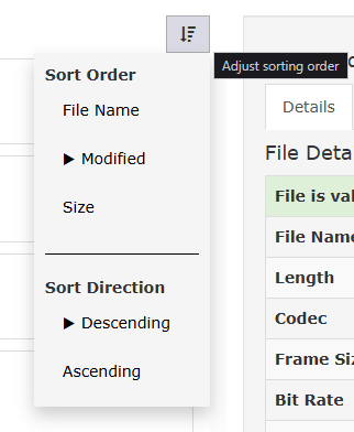 The sort order button at the top of the asset list, showing options to sort by Path, Modified date, or File Size in ascending or descending order
