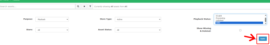 The Apply button at the bottom of the Assets filter panel