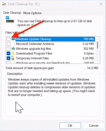 Screenshot of the Windows Disk Cleanup utility showing the list of system files, with the ‘Windows Update Cleanup’ option selected, indicating where to click to remove old Windows update files.
