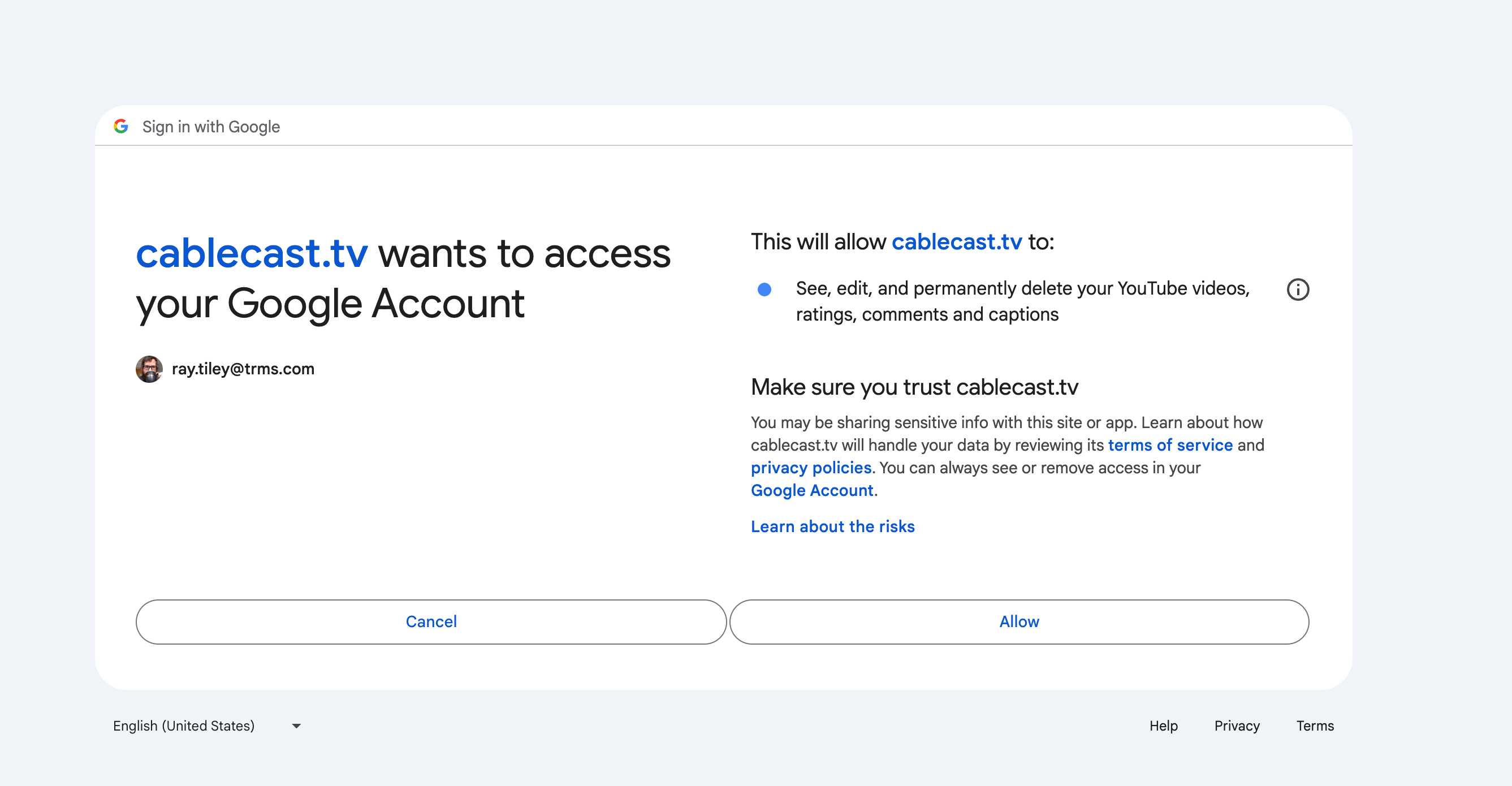 Allow cablecast.tv access to your google account.