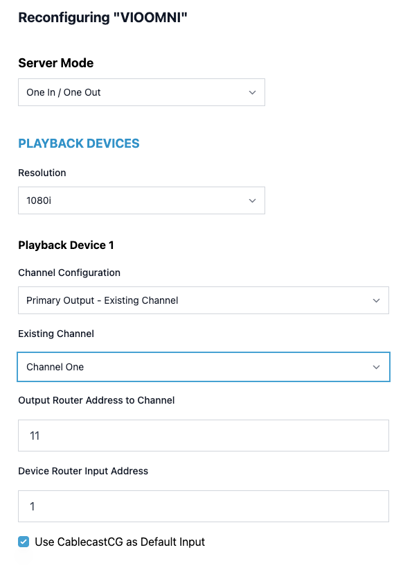 Cablecast VIO Omni reconfiguration screen showing playback device settings and channel configuration.