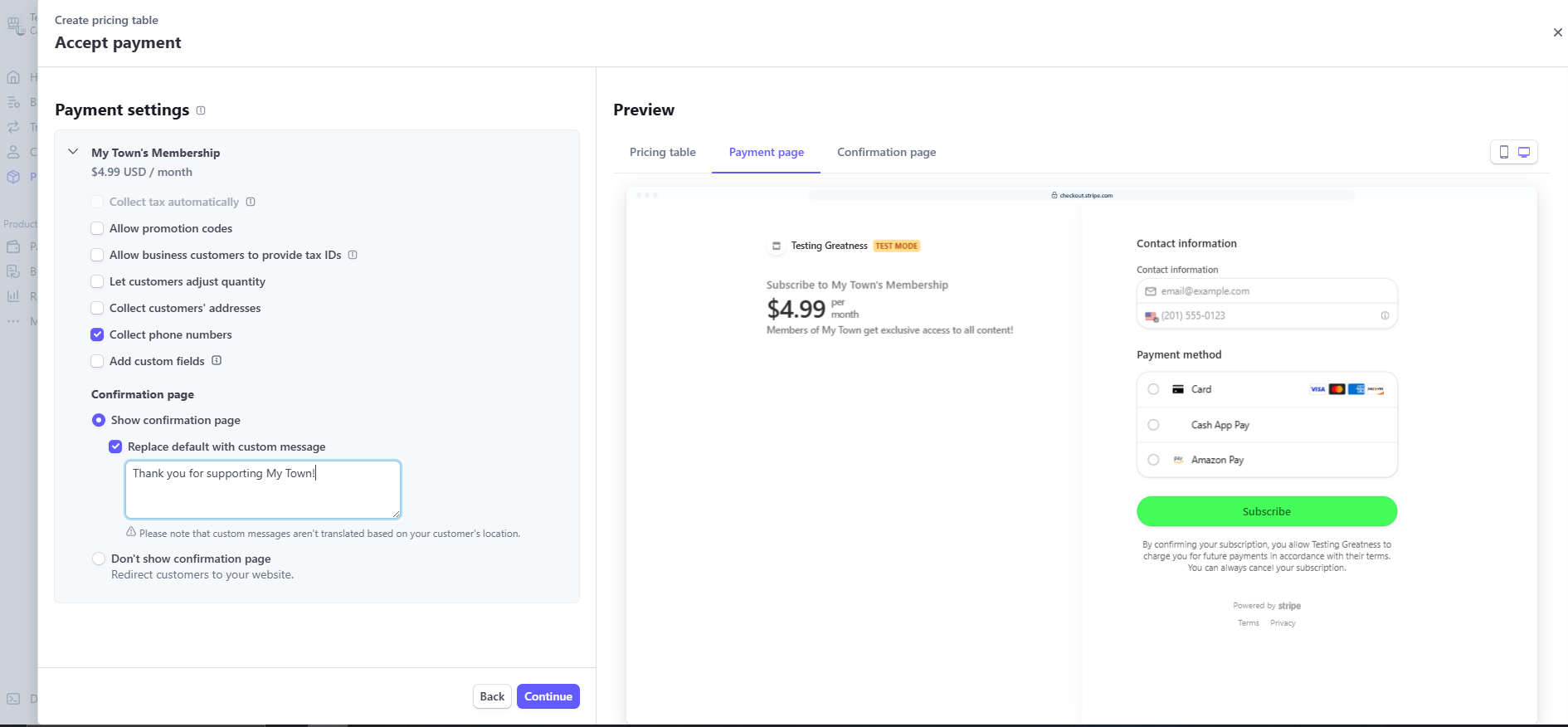 Stripe Extra Payment Settings