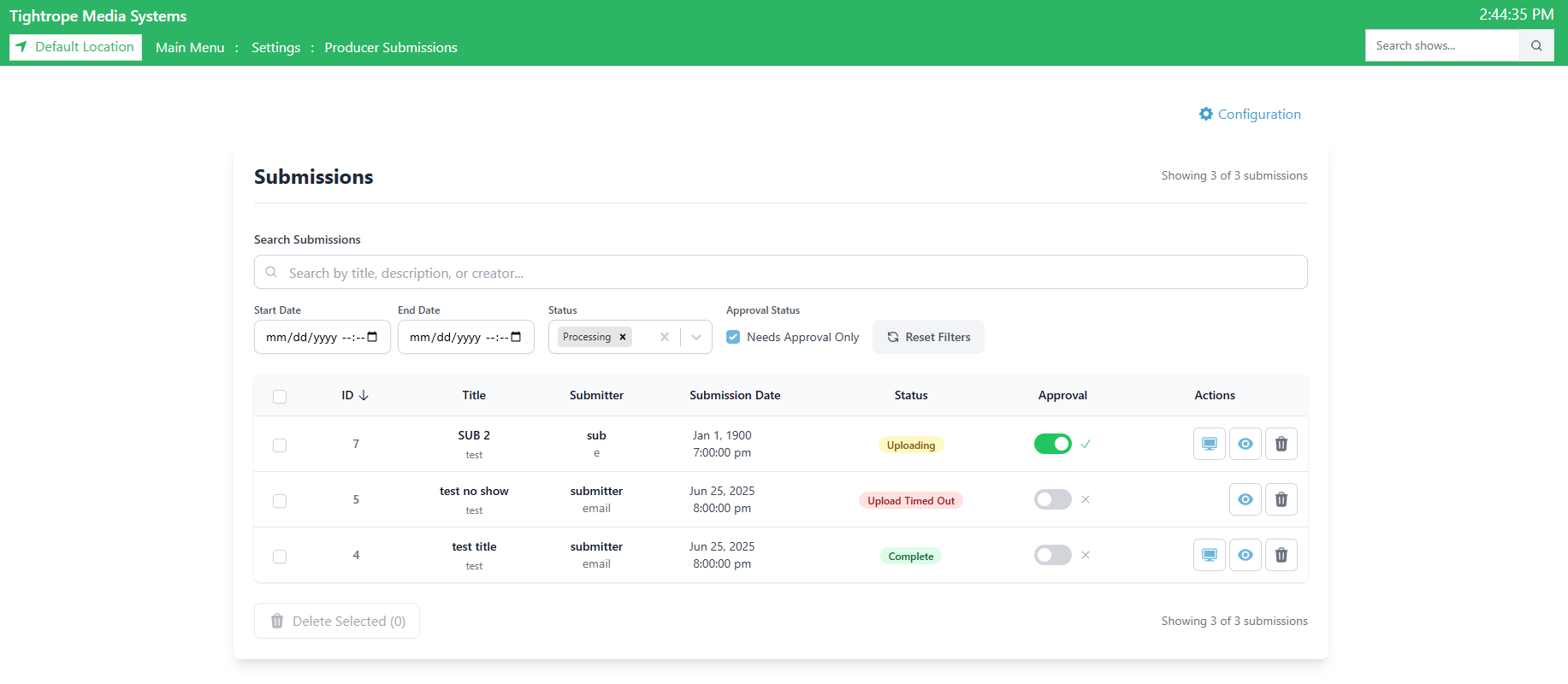 Content Submissions Overview Page