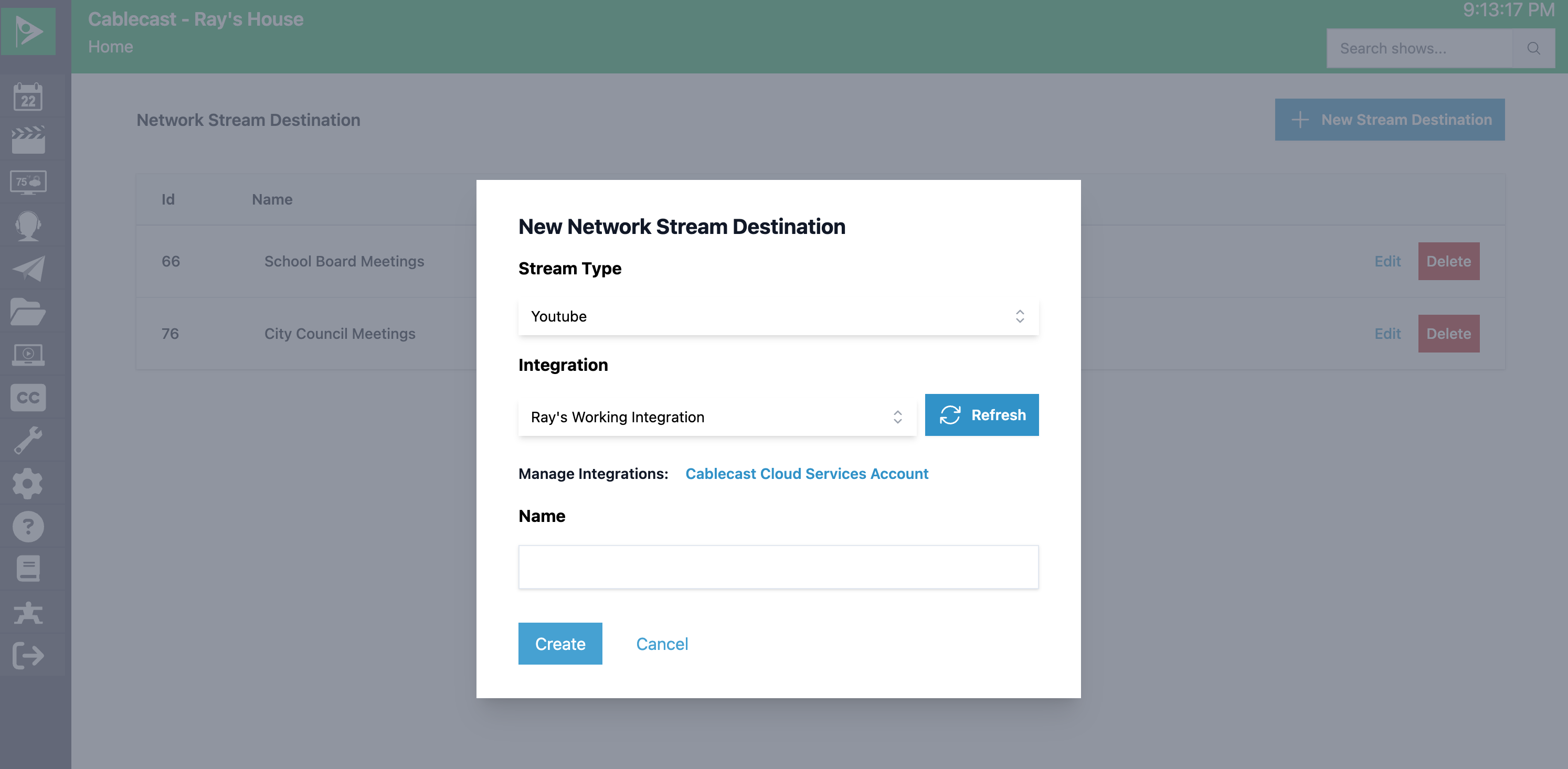 Creating a new Network Stream Destination