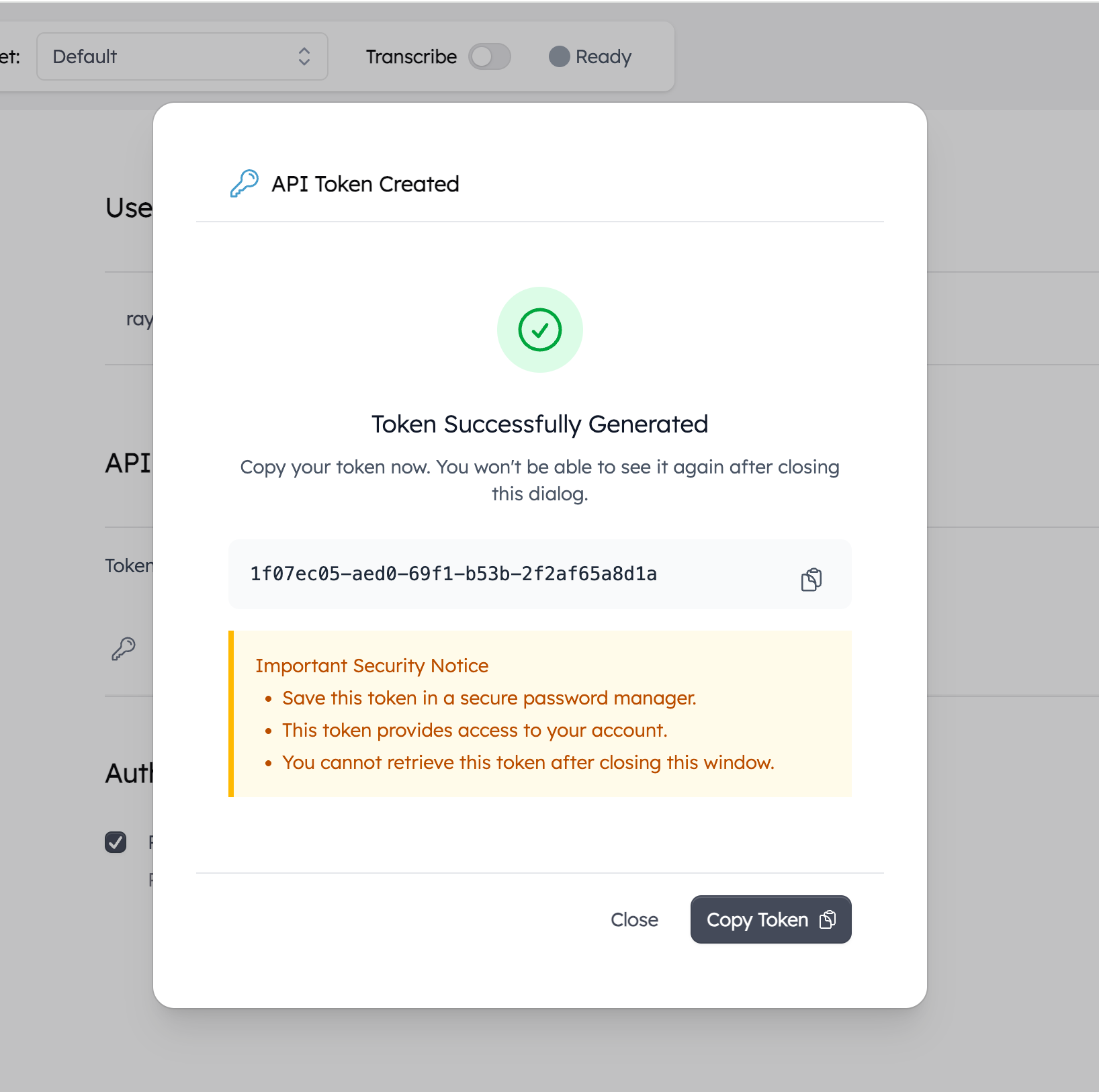 Success screen after generating an api token.