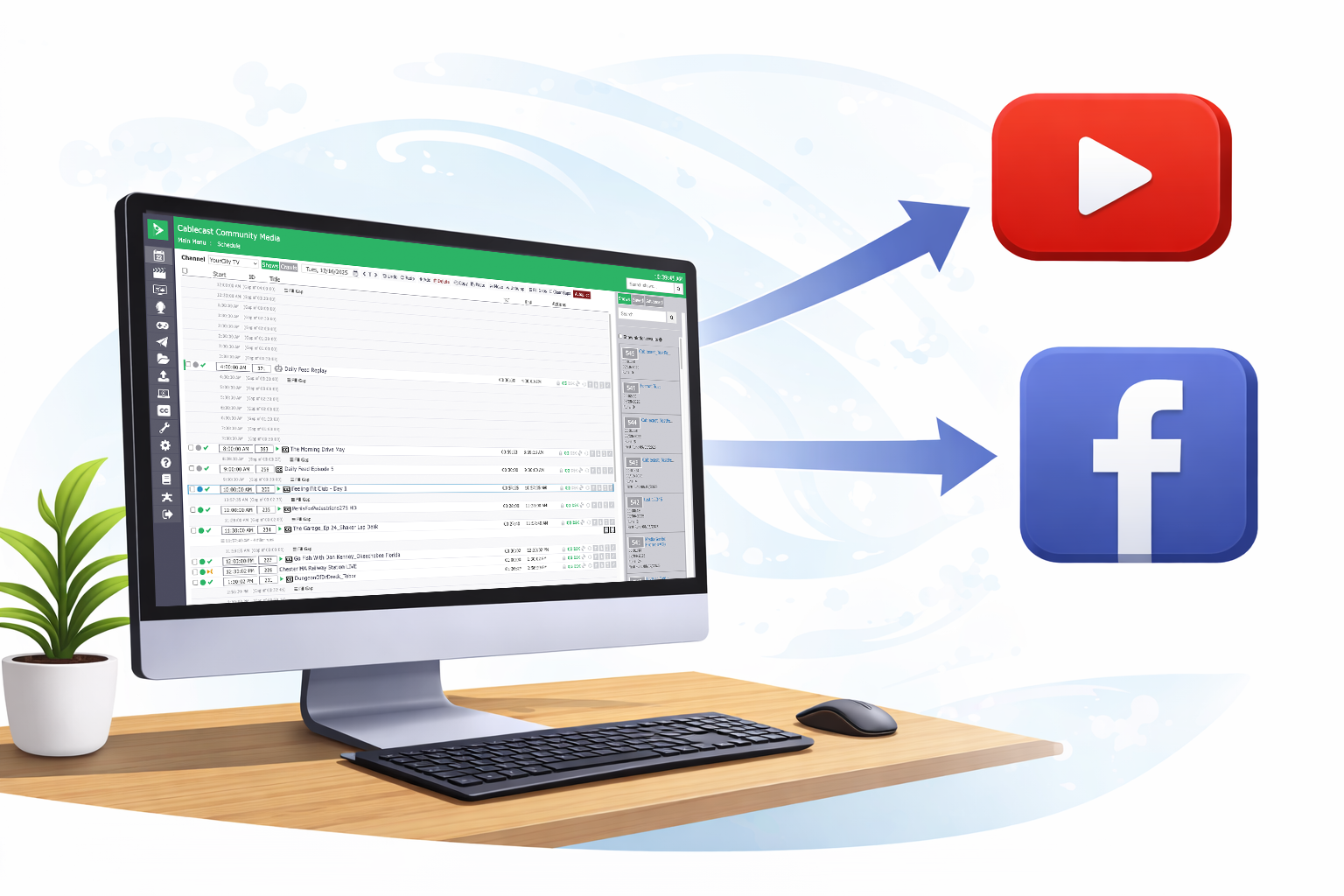 Illustration of a desktop computer displaying the Cablecast scheduling interface on screen, with arrows extending from the monitor to YouTube and Facebook icons, representing live programming streamed from Cablecast to external platforms via custom RTMP feeds.