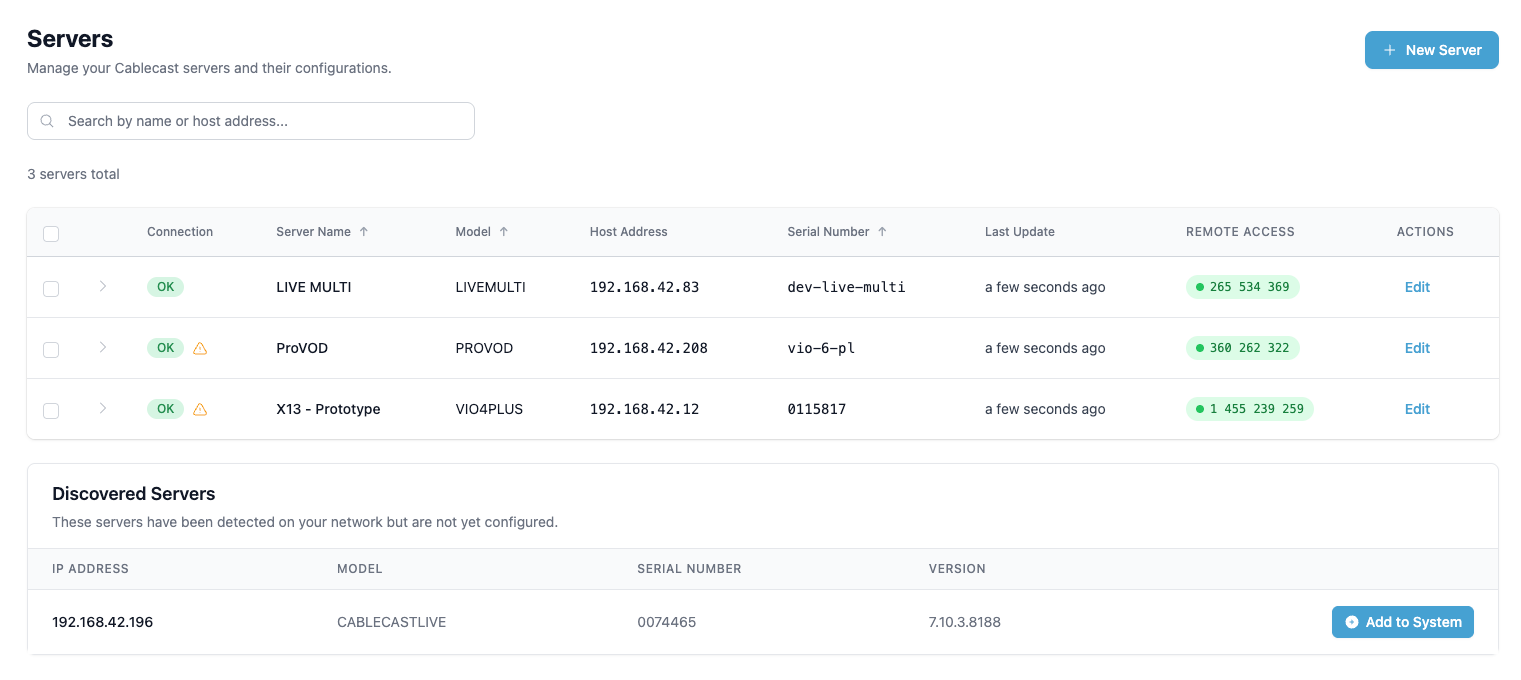 Cablecast Servers page listing configured servers and one discovered Live server ready to add.