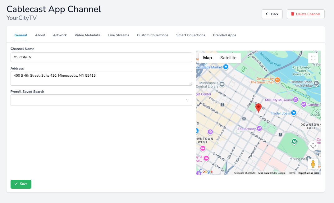 Screenshot of the Cablecast OTT App Channel configuration page showing the General settings tab, with fields for channel name and address alongside an interactive map used to set the channel’s location.